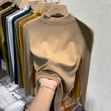 纯色简约磨毛保暖长袖T恤女秋季修身显瘦内搭双面德绒打底衫上衣商品大图