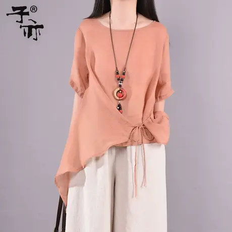 子亦夏装新款文艺系带收腰显瘦短袖休闲不规则苎麻衬衫上衣潮图片