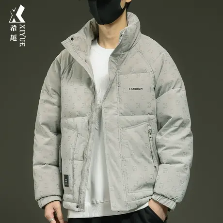 冬季pu皮羽绒棉衣男美式宽松大码男士外套潮牌老花满身印立领棉服商品大图