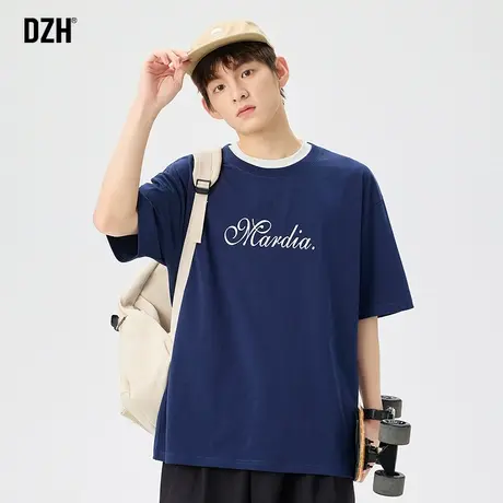 男士藏青色t恤男短袖美式潮牌纯棉夏季男装2023新款半袖圆领上衣商品大图