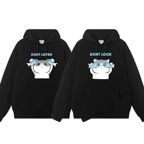 猫咪非礼勿视非礼勿闻不听不看卡通花猫连帽套头卫衣情侣装上衣服商品大图