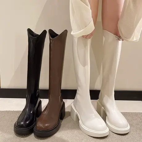 长筒靴女2023年新款高筒靴秋冬加绒高跟V口小个子不过膝胖mm粗腿商品大图