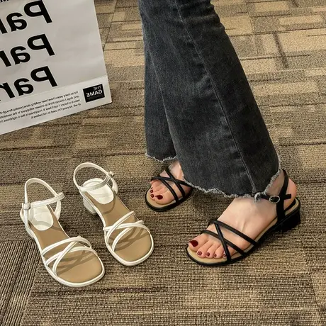 高跟鞋女夏天时尚粗跟中跟凉鞋2024新款夏季法式仙女风气质一字带商品大图