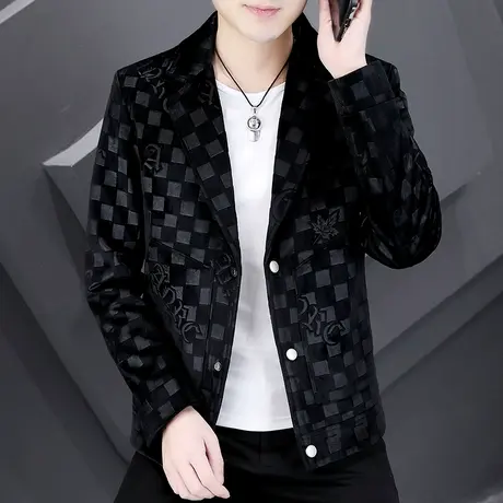 高级感潮牌撞色格子西装男士款春秋季痞帅气个性韩版夹克式小西服图片