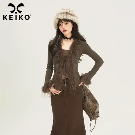 KEIKO 甜辣妹毛毛针织开衫女2023秋冬高级感V领绑带显瘦内搭上衣图片