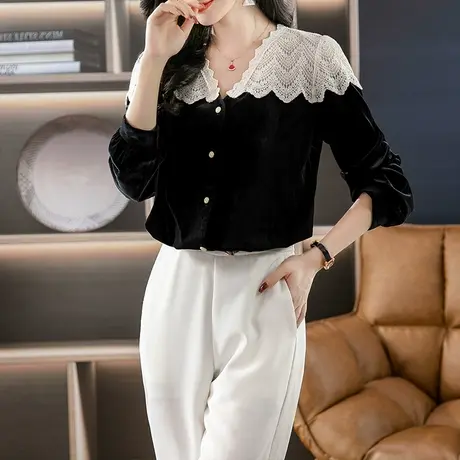 伊自尚2024年新款胖mm大码女装春季韩版气质时尚拼接显瘦蕾丝衫女图片