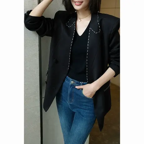 2023冬季新款女装酷帅气质缝边双排扣羊毛女士西服外套上衣女图片