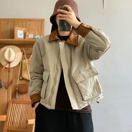 dza 复古宽松灯芯绒翻领棉衣外套女冬季休闲大口袋短款棉服上衣女商品大图