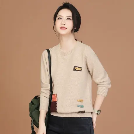 新品8.5折】圆领拼接长袖休闲毛衣女2023冬装慵懒针织上衣设计感图片