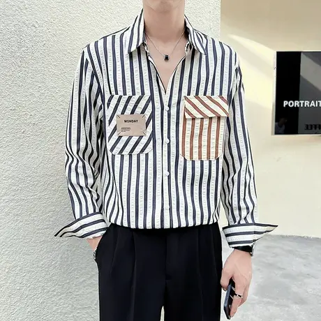 春秋季2023潮牌男长袖衬衫小众休闲宽松痞帅撞色条纹衬衣秋装上衣商品大图