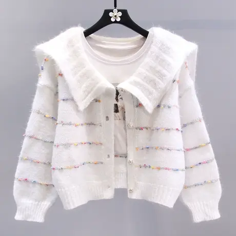 日系娃娃领彩虹条纹毛衣外套女冬季2023新款宽松时尚减龄针织开衫图片