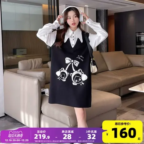 唐狮黑色超好看毛衣连衣裙可爱裙子女秋冬假两件拼接长袖衬衫裙e2商品大图