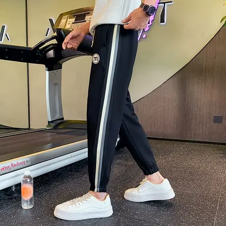 春秋季潮流条纹拼接休闲裤男潮ins宽松九分2023小众哈伦束脚卫裤商品大图