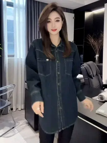 2023新款加绒牛仔衬衫女叠穿内搭复古深蓝色外套女早春新款高级感图片