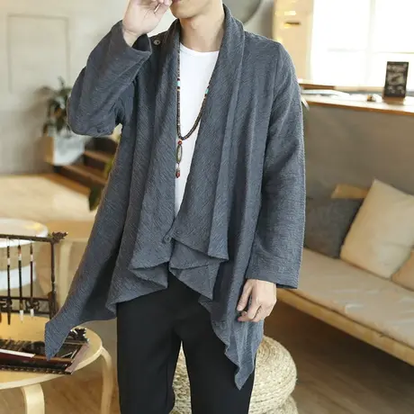 复古棉麻民族风秋季外套古装开衫披风汉服男式中长款复古禅修道袍图片