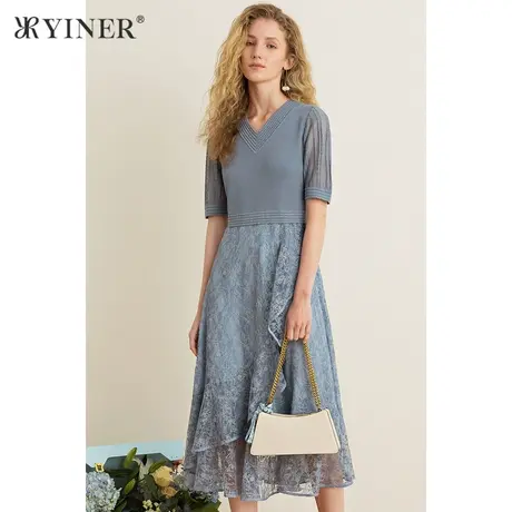 YINER音儿女装夏季V领拼接蕾丝网纱绣花连衣裙图片