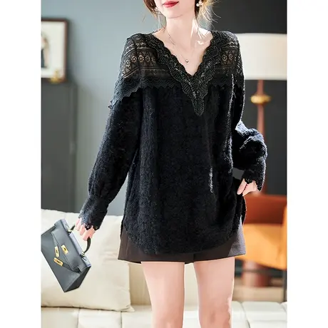 宝诗黎V领钉珠镂空蕾丝衫女2024春季气质慵懒新款宽松百搭上衣潮商品大图