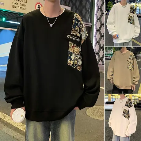 刺绣圆领卫衣男秋冬季宽松长袖内搭潮流打底衫无帽外套港风上衣服商品大图