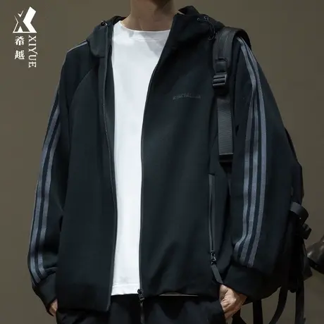 希越美式休闲开衫卫衣男2024春季空气层夹克宽松大码男士连帽外套商品大图