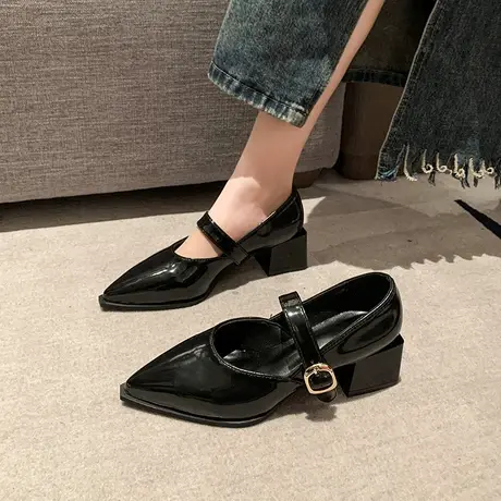 法式玛丽珍鞋女2024年春秋季新款时尚尖头浅口单鞋粗跟防滑小皮鞋商品大图