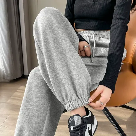 白色运动裤女春秋新款宽松抽绳束脚哈伦卫裤直筒小个子休闲运动裤商品大图