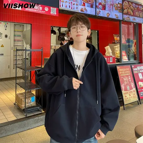 VIISHOW纯色开衫卫衣男港式春季ins连帽上衣潮牌多巴胺宽松外套商品大图