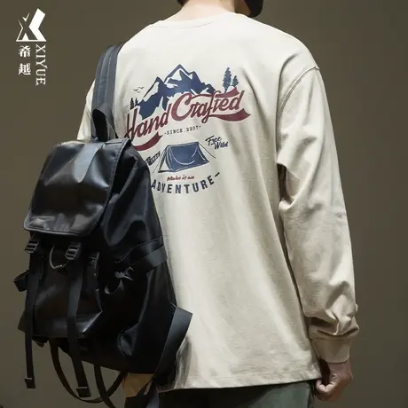 希越260g纯棉长袖T恤男2024春季新款打底衫宽松大码男士圆领上衣商品大图