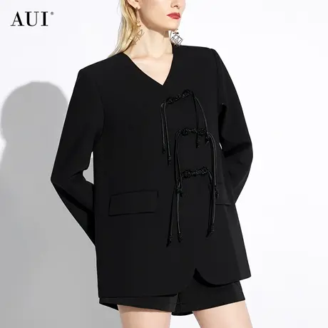 AUI黑色新中式无领西装外套女2024春新款设计感小众宽松休闲西服图片