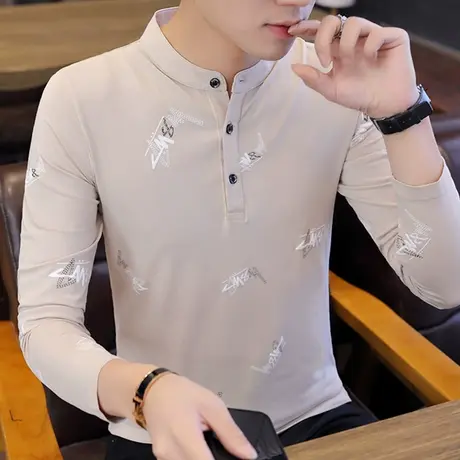 长袖T恤男士秋季潮流休闲百搭立领上衣服印花体恤纯色内搭打底衫商品大图