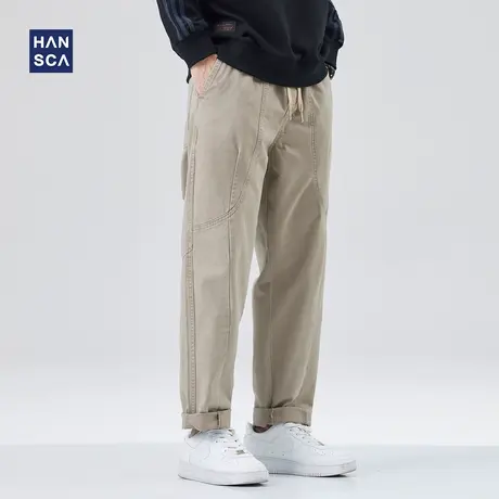 hansca松紧腰直筒休闲裤男春季潮牌拼接宽松百搭运动工装大码长裤商品大图