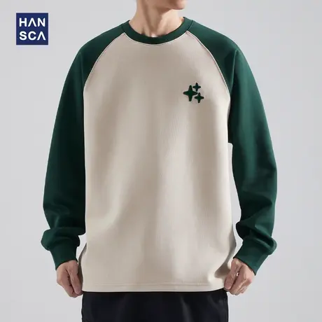 hansca美式圆领卫衣男2023新款秋冬款潮牌重磅上衣痞帅青少年外套商品大图