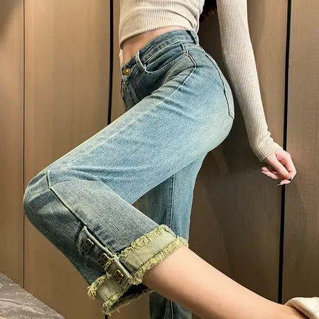 拼接毛边直筒牛仔裤女春秋2024新款小个子高腰显瘦八分九分烟管裤图片