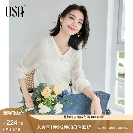 OSA欧莎2024年早春新款女装法式泡泡袖拼接V领针织衫气质显瘦上衣商品大图