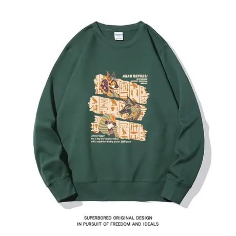 美式复古民族印花卫衣男秋季薄款潮流宽松休闲圆领套头百搭上衣服图片