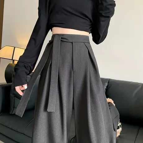 直筒绑带西装长裤女高腰宽松垂感阔腿裤2024新款痞雅大码休闲裤子商品大图