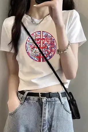 高品质纯棉短款减龄国潮风白色短袖印花t恤女2024年新款夏季上衣商品大图