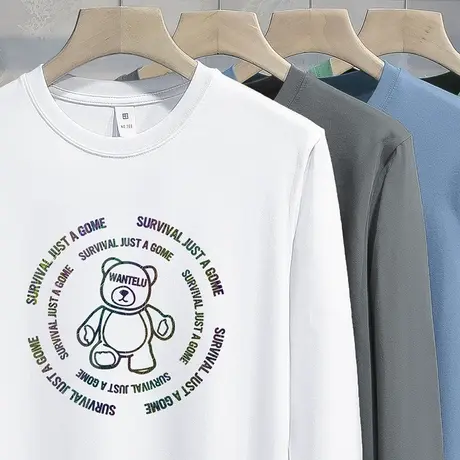 240G重磅纯棉长袖t恤男2023新款潮牌小熊全棉体恤宽松内搭打底衫商品大图