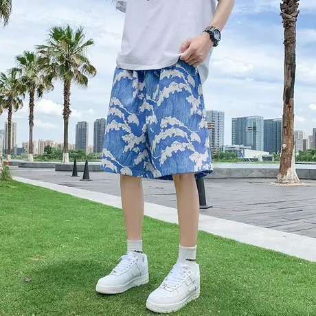 冰丝花短裤男夏季薄款宽松直筒休闲2023新款速干大裤衩五分裤子潮商品大图