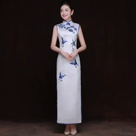 礼仪小姐服装青花瓷旗袍礼服蝴蝶绣花旗袍 礼仪旗袍迎宾礼服图片