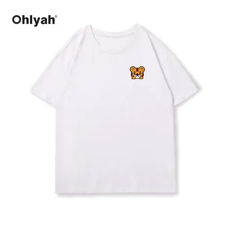 Ohlyah2022春夏季潮牌百搭胸花印花短袖T恤女宽松圆领白色底衫商品大图