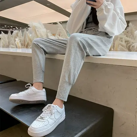 灰色运动裤女春秋冬薄款宽松束脚显瘦哈伦裤小个子休闲加绒卫裤子图片