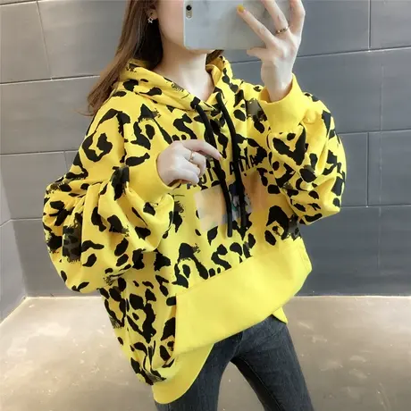 超火cec长袖粉色豹纹长款连帽卫衣女ins潮春秋慵懒风套头帽衫外套商品大图