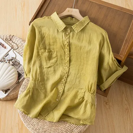 享永子短袖苎麻漂亮衬衫女文艺复古棉麻小衫百搭休闲2023夏季新款商品大图