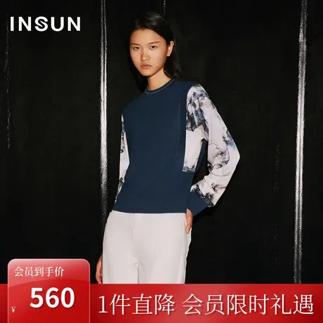 恩裳COVER2023秋装新款针梭拼风琴位假两件圆领金葱绣线装饰上衣商品大图