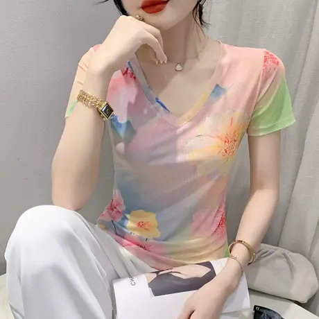 夏装新款气质网纱T恤女短袖性感V领修身小衫设计感拼色印花上衣潮商品大图