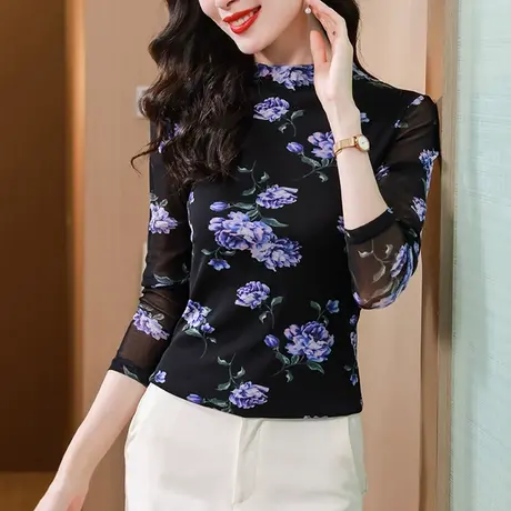 复古气质雪纺衫女长袖2023秋装新款半高领打底衫时尚印花妈妈上衣图片