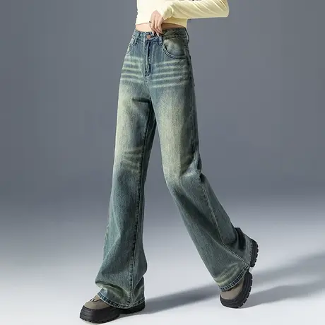 复古高腰微喇牛仔裤女2023新款美式直筒裤春秋女裤显瘦裤子喇叭裤商品大图