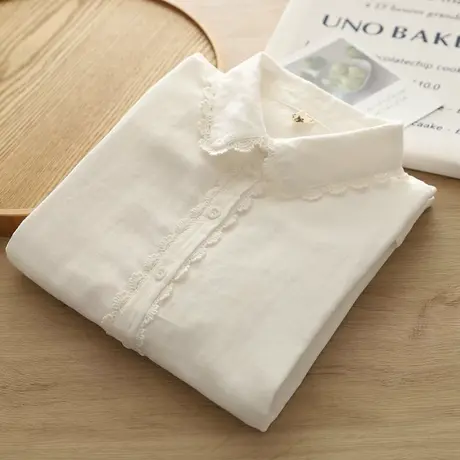 早秋日系文艺小清新蕾丝花边娃娃领双层纱长袖衬衫女学生叠穿上衣商品大图