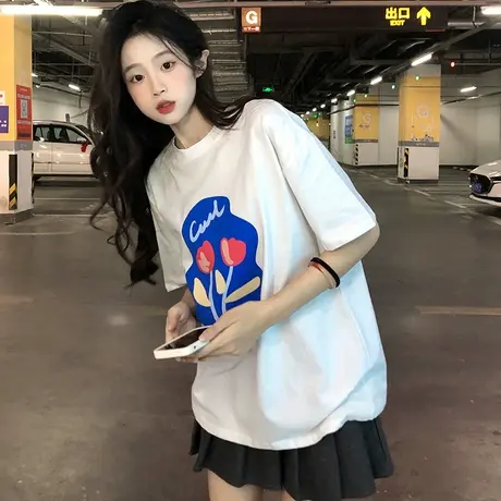 超火短袖t恤女ins潮2023宽松韩版学生bf原宿风显瘦百搭印花上衣服商品大图