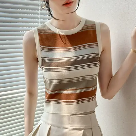 撞色渐变条纹无袖T恤女2023夏新款修身显瘦冰丝薄款透气百搭上衣商品大图